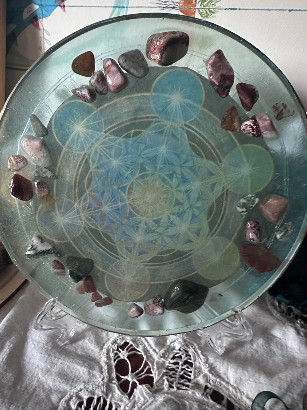 Crystals embedded in Resin with Sacred Geometry and Nordic symbols .
